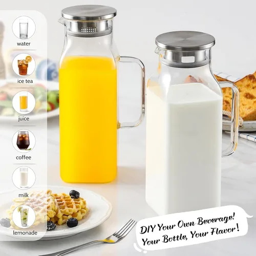 Miniatura 4 de Paquete de 2 jarras cuadradas de vidrio de 2 litros/68 oz con tapa y asa, jarra de vidrio para agua caliente/fría, jarra grande de té helado