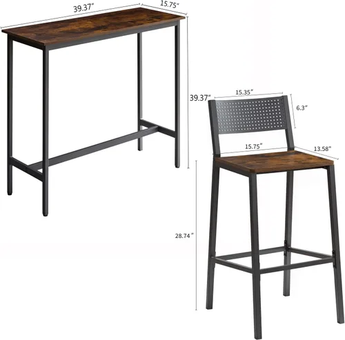 Miniatura 2 de LUCKHAO Juego de mesa de comedor de 3 piezas industrial para 2, mesa de comedor de altura de encimera de cocina con base de mesa ajustable