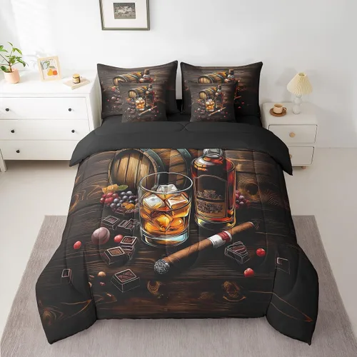 Miniatura 3 de Whisky - Juego de ropa de cama de 7 piezas tamaño individual, cama de vidrio de hielo de whisky en una bolsa para niños, juego de edredón retro