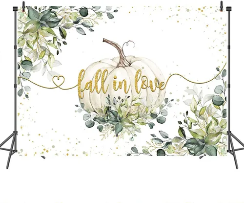 Miniatura 3 de Mocsicka Fondo de fondo de otoño enamorado, tema de boda, hojas de eucalipto verdes, lunares dorados, calabaza, fondo de vinilo, calabaza