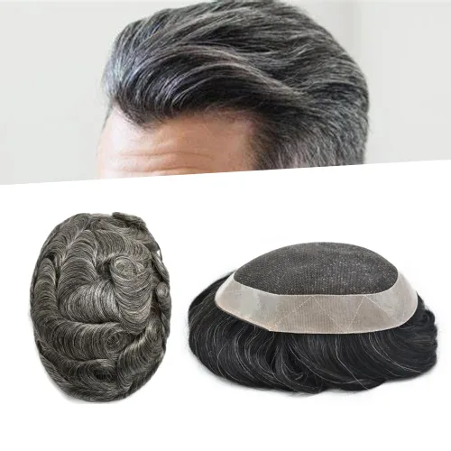 Miniatura 19 de Toupee para hombres, postizos, sistema de reemplazo de cabello de encaje francés para hombres, pieza de pelo polivinílico para hombres, sistema