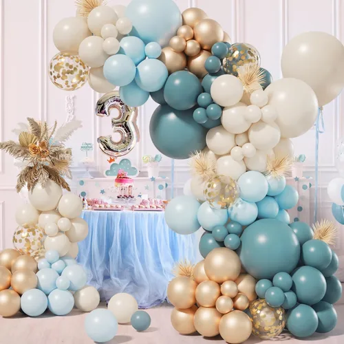 Miniatura 2 de Kit de guirnalda de arco de globos de color azul bebé polvoriento, 155 unidades, con niebla de pizarra, azul bebé, arena, blanco, dorado metálico