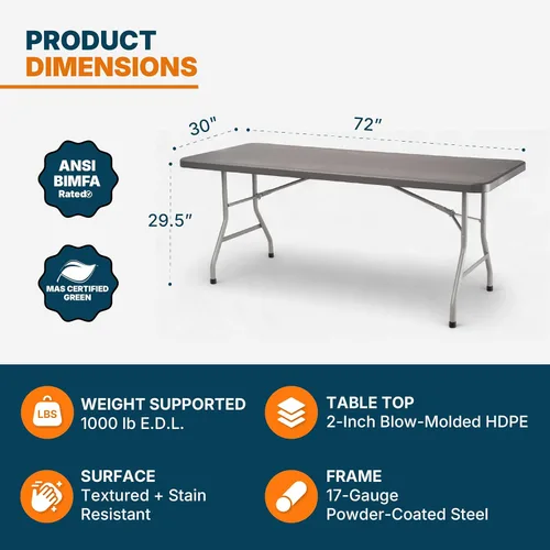 Miniatura 3 de OEF Furnishings OEFBT Series Mesa plegable rectangular de grado comercial, diseño de resina moldeada por soplado de alta resistencia con marco