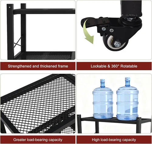 Miniatura 6 de Grezone Estantes plegables de 3 niveles de almacenamiento de metal resistente con ruedas – No se ensambla unidad de estantería plegable para cocina