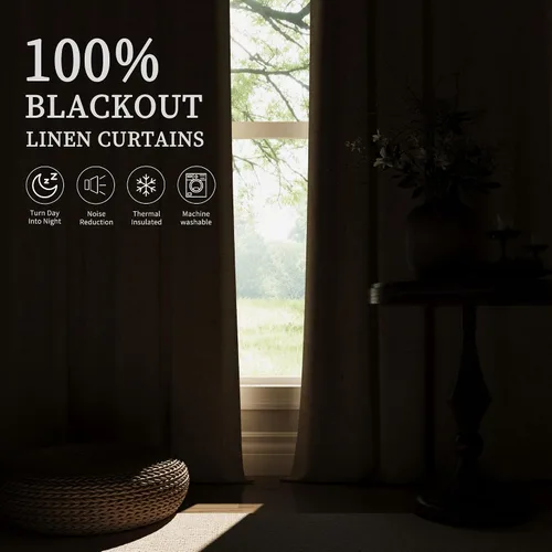 Miniatura 4 de Hokibero Cortinas de lino 100% opacas de 102 pulgadas de largo, juego de 2 paneles para oscurecer la habitación, lino térmico texturizado