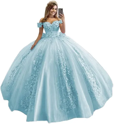 Loyeloy Vestidos de quinceañera con hombros descubiertos para niñas, vestidos de baile hinchados con flores 3D para adolescentes, vestidos de fiesta