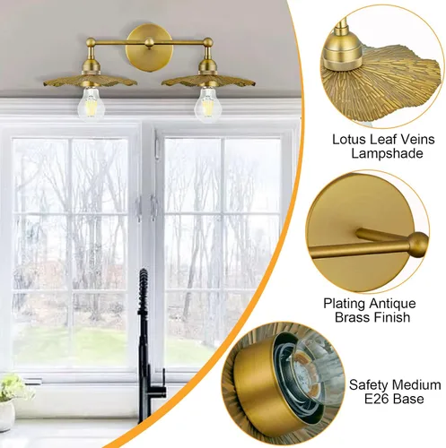 Miniatura 4 de PASSICA DECOR Lámpara de pared con cable de 2 cabezales, lámpara de pared para interiores, latón antiguo, 2 luces con pantalla de flores, accesorio