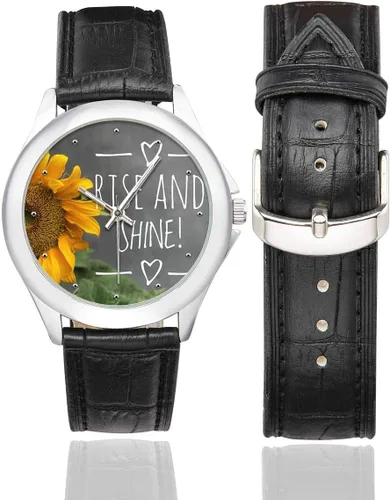 Miniatura 2 de Reloj de pulsera de girasol con cita motivacional para mujer, correa de cuero negro, impermeable, relojes clásicos, Negro
