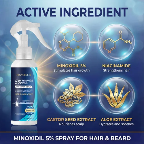 Miniatura 3 de Minoxidil 5% para hombres (4.1 fl oz), spray avanzado de minoxidil con provitamina B5 y extracto de semilla de ricino, suero de extracto