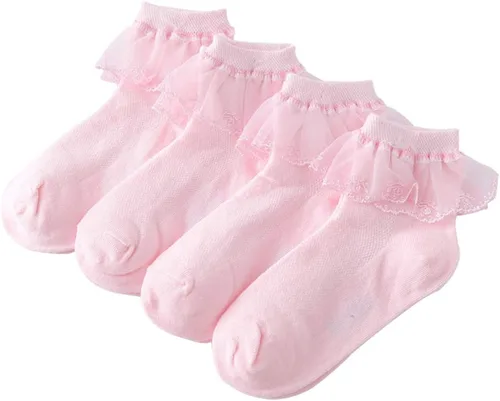Miniatura 14 de Looching 4 pares de calcetines de encaje de princesa de algodón con volantes sólidos para niñas pequeñas