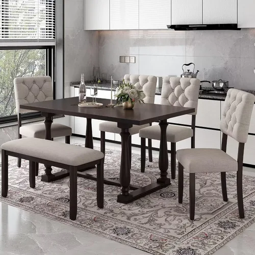 Miniatura 12 de Harper & Bright Designs Juego de mesa de comedor de 6 piezas, juego de mesa de comedor con mesa de comedor rectangular de madera, 4 sillas