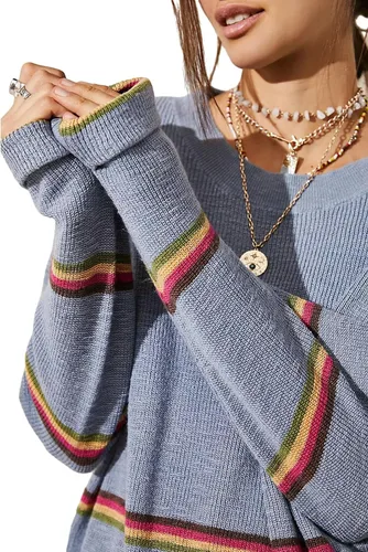 Miniatura 5 de Conjunto de 2 piezas de punto para mujer, suéter suelto con estampado de rayas Y2K + pantalones elásticos, ropa estética urbana