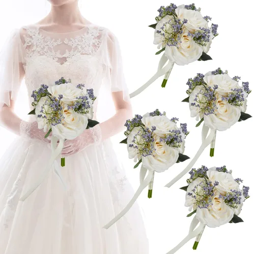 Miniatura 7 de Ramos de boda de rosas blancas para novia y dama de honor, tela de alta calidad, arreglos florales de eucalipto para boda, adecuados para despedida