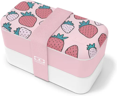 Monbento - Caja Bento Adulto MB Original con diseño de fresa - 2 Compartimentos a Prueba de Fugas - Lonchera Apilable Ideal para Rosa