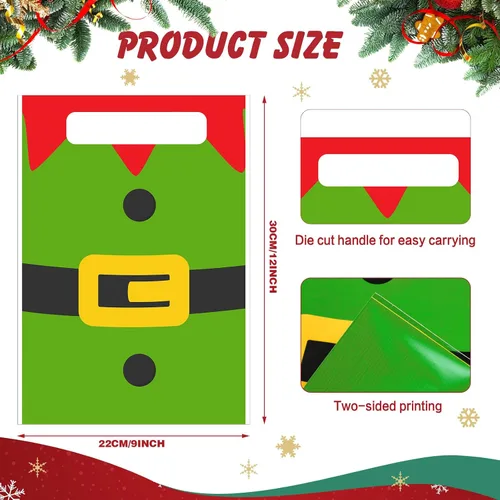 Miniatura 5 de Sinmoe 200 piezas bolsas de plástico de Navidad a granel, bolsa de regalo de mercancía de Navidad con asa de 9" x 12", reutilizable, bolsa