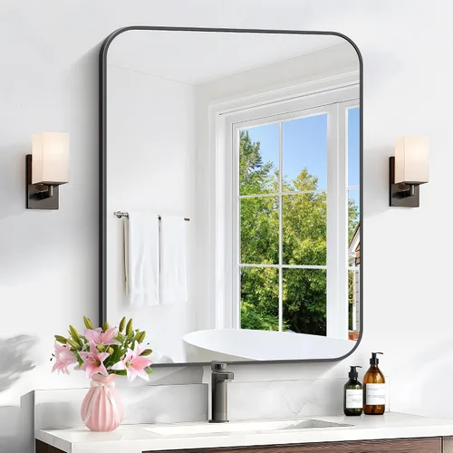 Miniatura 32 de Espejo de baño de 18 x 24 pulgadas con marco de metal negro rectangular, espejo de tocador rectangular de esquinas redondeadas, espejo de pared