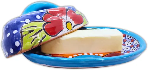 Miniatura 3 de Mantequera de Cerámica Talavera con Tapa Pintada a Mano, Auténtica Cerámica Mexicana de Cocina, Diseño Floral (Agua)