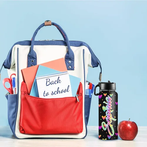 Miniatura 2 de Botellas de agua personalizadas para niñas, de acero inoxidable con aislamiento de doble pared con pajita, botella de agua de color degradado