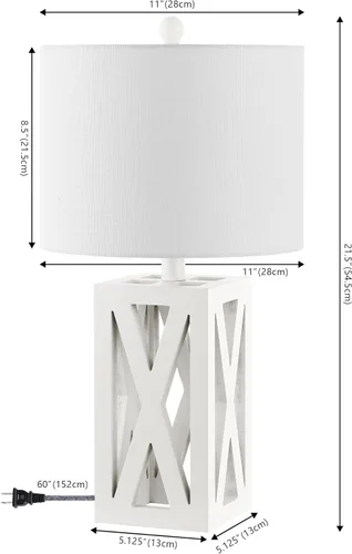 Miniatura 4 de JONATHAN Y Lámpara de mesa de madera de granja marrón de 21.5 pulgadas para mesita de noche y sala de estar, pantalla de tambor de lino blanco