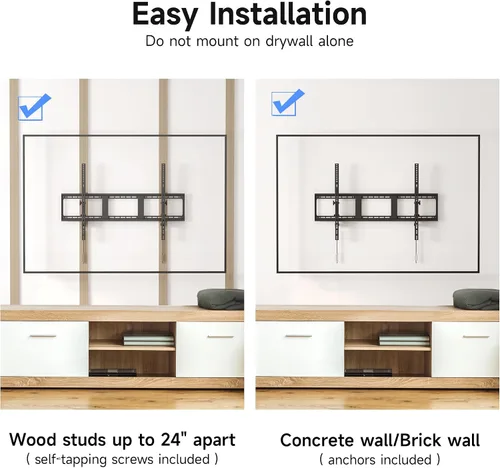 Miniatura 6 de Suptek Soporte de pared fijo resistente para televisores de 55 a 100 pulgadas, 265 libras, se adapta a 3 pernos de 16 pulgadas y 2 pernos de 18 o 24