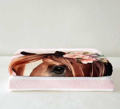 Miniatura 4 de Manfei Manta floral con diseño de caballo y acuarela, para decoración de habitación de niños y niñas, manta con estampado de rayas rosas para sofá
