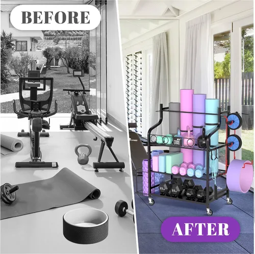 Miniatura 6 de Mythinglogic Estante de almacenamiento para esterilla de yoga, estante de almacenamiento de gimnasio en casa para mancuernas, rodillo de espuma