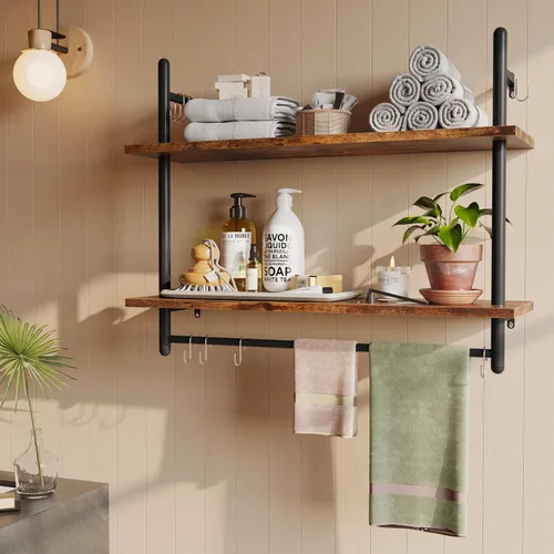 Miniatura 5 de Bestier Estante de tubería industrial flotante de 31 pulgadas, estantes montados en la pared de cocina con 8 ganchos para barra de toallas, estante