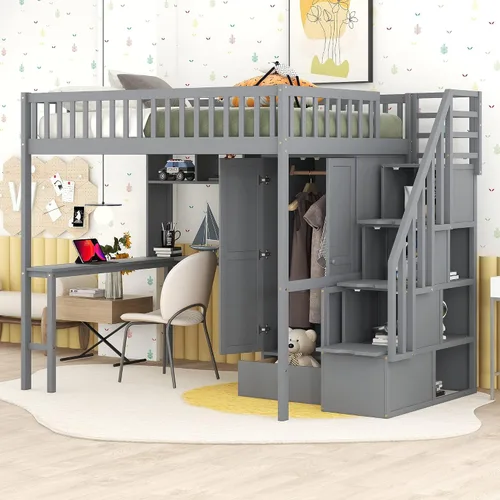 Miniatura 9 de Quarte Cama tipo loft única con cajones de almacenamiento y escaleras, cama alta de madera tamaño individual con estantes y barandillas, para niños