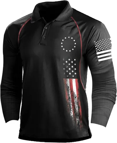 Miniatura 6 de Camisa polo de manga larga con bandera estadounidense para hombre, cuello gráfico patriótico, camiseta de golf, moderna, casual, cuello en V, tops