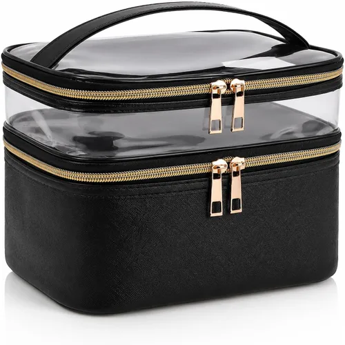 Bolsa de cosméticos de doble capa, bolsa de maquillaje, bolsa de aseo grande, bolsa organizadora de maquillaje de viaje para niñas y mujeres, Negro