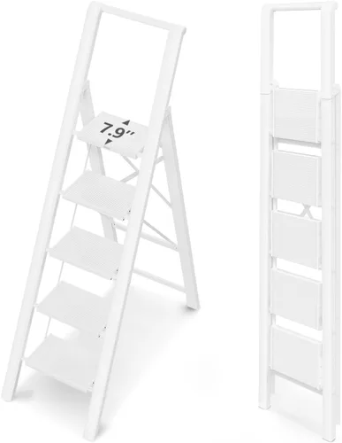 WOA WOA Escalera de 5 escalones para techo de 10 pies de alto, escalera plegable ligera con pedales anchos antideslizantes, taburete con barandilla