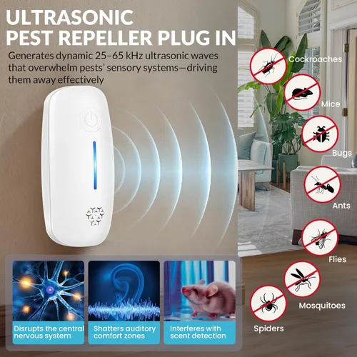 Miniatura 2 de Repelente ultrasónico de plagas, paquete de 6 repelentes ultrasónicos de plagas para interiores para cucarachas, roedores, ratones, insectos