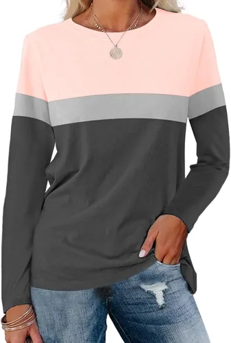 Minetom Blusa tipo túnica de bloque de color para mujer, estilo casual, manga larga, cuello redondo