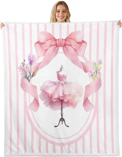 Miniatura 28 de Manta de vellón de ballet para niña, manta de ensueño con lazo rosa de princesa bailarina para sofá de adultos, manta suave kawaii a rayas círculos