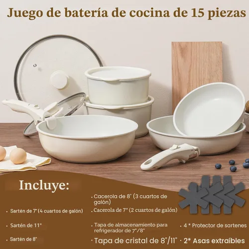 Miniatura 2 de SODAY Juego de 15 piezas de ollas y sartenes antiadherentes, juegos de utensilios de cocina con mango desmontable, herramientas de cocina RV Blanco
