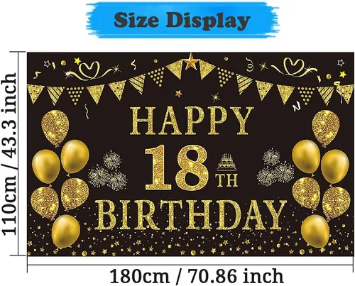 Miniatura 2 de Trgowaul Decoraciones de cumpleaños número 18 para hombres, pancarta de fondo negro y dorado de 5.9 x 3.6 pies, suministros de fotografía de feliz