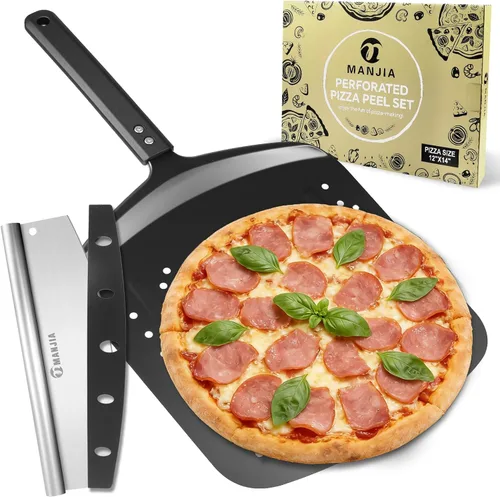 Miniatura 11 de MANJIA Pala perforada de aluminio para pizza de 12 pulgadas, antiadherente, de metal, con cortador basculante (12 x 14 pulgadas), espátula grande