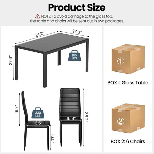 Miniatura 7 de Hooseng Juego de mesa de comedor para 6, mesa de cocina de vidrio templado con 6 sillas de piel sintética, juegos de comedor de 7 piezas