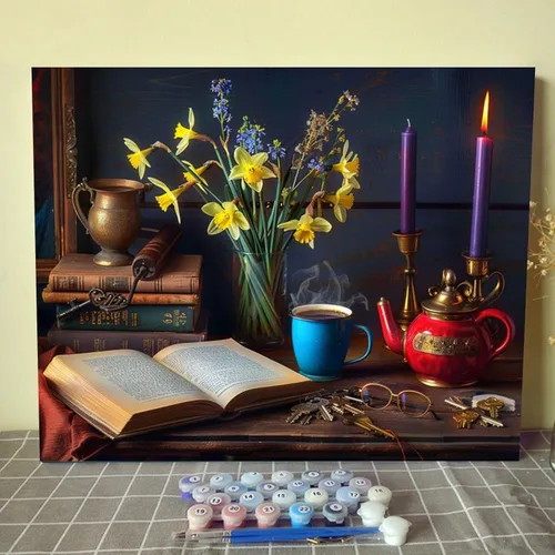 Miniatura 25 de Kits de pintura por números para adultos principiantes, pintura al óleo sobre lienzo de 16 x 20 pulgadas, lámpara de flores y óleo, pigmento 4-Art-06