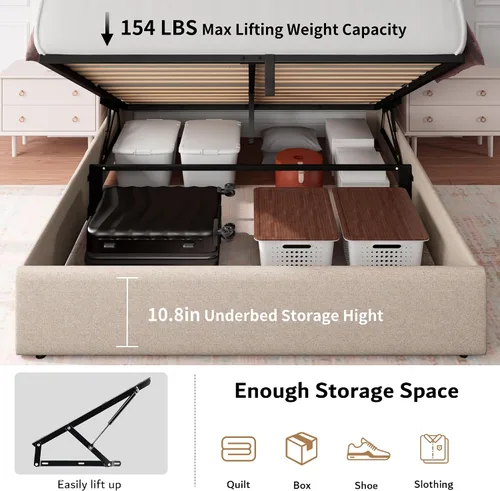 Miniatura 4 de iPormis Base de cama de almacenamiento elevable de tamaño completo con estación de carga, base de cama de plataforma tapizada con cabecera capitoné