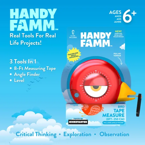 Miniatura 10 de Handy Famm Cinta métrica de pájaro rojo de 8 pies para niños, herramienta educativa STEM con nivel, transportador, diseño retráctil, juguete