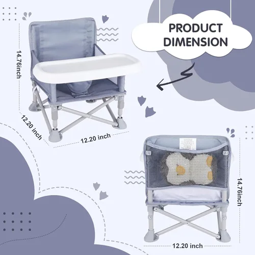 Miniatura 7 de Silla de bebé portátil, asiento elevador plegable con bandeja para mesa de comedor, silla de camping compacta para césped, playa, viajes, bebés de 6