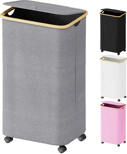 Miniatura 14 de SUOCO Cesta de lavandería con tapa, cesta de ropa de 29 galones (110L) con asas de bambú, cesta grande plegable para la ropa sucia para dormitorio