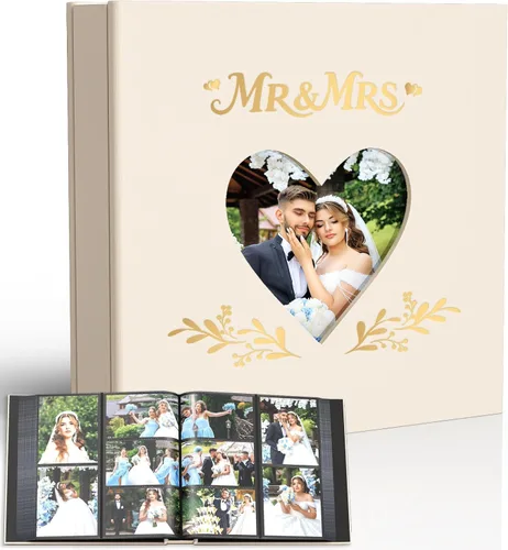 Miniatura 8 de Wedding Photo Album 4x6 with 400 Pockets, Custom Engraved Beige Leather Memory Book for Engagement, Bridal Shower & Keepsake Gift, Beige Leather