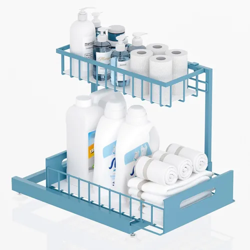 Miniatura 12 de Saydear Organizador de almacenamiento para debajo del fregadero, organizador de armario de cocina extraíble de 2 niveles con cajón deslizante, Negro