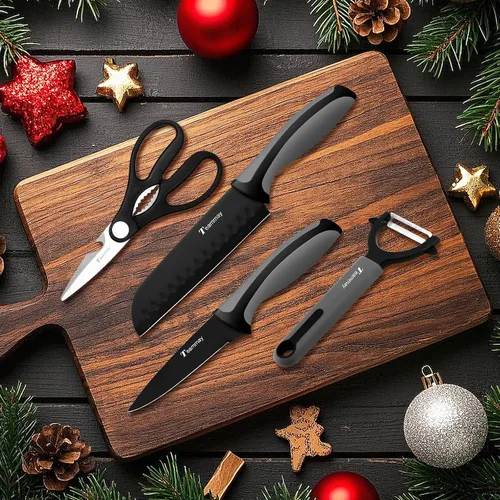 Miniatura 2 de Juego de 4 cuchillos Santoku de 6 pulgadas, cuchillo de pelar de 4 pulgadas, tijeras de cocina, pelador en Y, revestimiento antioxidante, afilado