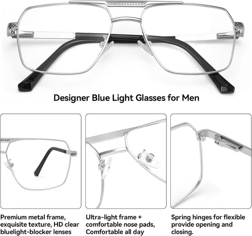 Miniatura 4 de Dollger Gafas de bloqueo de luz azul para hombre, gafas cuadradas de aviador para computadora, marco de metal, gafas de luz azul, Plateado (sliver)