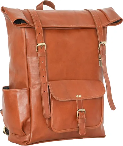jaald Mochila de cuero marrón de 23 pulgadas, mochila vintage para portátil, bolsa de viaje grande con parte superior enrollable, cómoda y ligera,