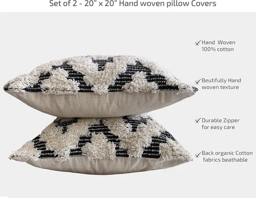 Miniatura 3 de Juego de 2 fundas de almohada bohemias para sofá, 20 x 20 pulgadas, de algodón, tejidas a mano, fundas de almohada decorativas para dormitorio, sala