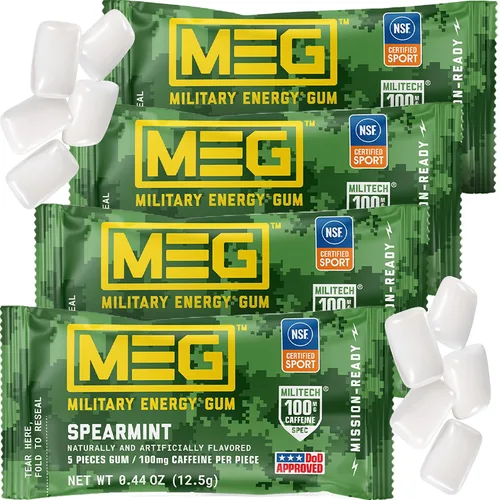 Miniatura 9 de MEG - Goma de mascar de energía militar 100 mg de cafeína por pieza + aumenta la energía + aumenta el rendimiento físico + paquete de 4